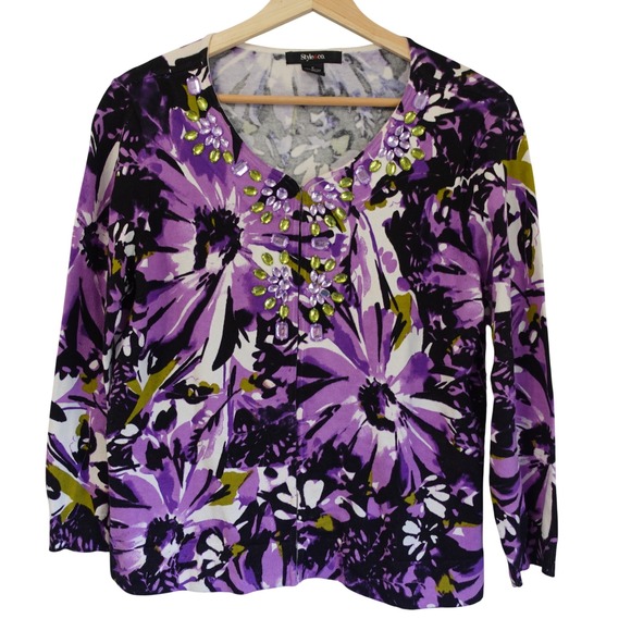 Style&co. Sweaters - Womens Purple Floral Embellished Knit Cardigan Sweater Med‎ Gemstone Resort NWOT